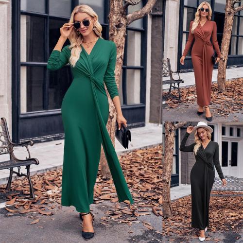 Casual V-neck Solid Twisted Waist Long Sleeve Dress
