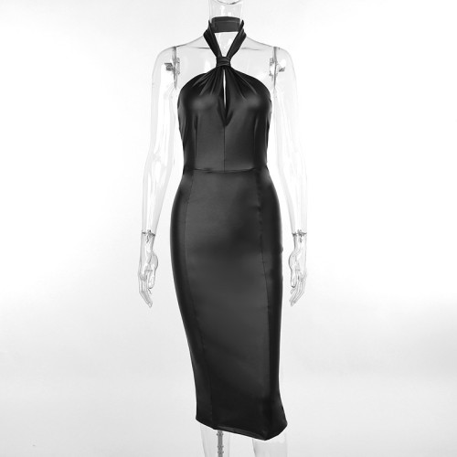 Sexy backless long dress with fashionable temperament, slim fitting hanging neck PU leather dress
