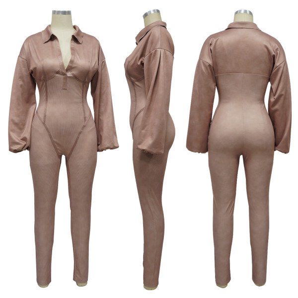Women's V-neck sheep leg sleeve tight patchwork jumpsuit