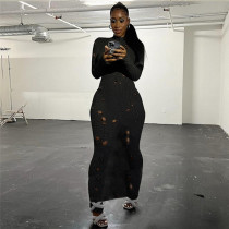 Casual Knitted Perforated High Waist Slim Fit Long Dress Casual Knitted Perforated High Waist Slim Fit Long Dress