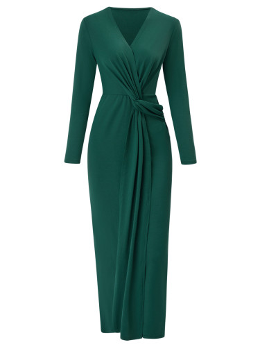 Casual V-neck Solid Twisted Waist Long Sleeve Dress