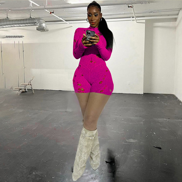Hollow and perforated knitted high waisted tight wrap buttocks long sleeved jumpsuit