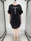 Round neck printed large ruffle sleeve 5XL dress