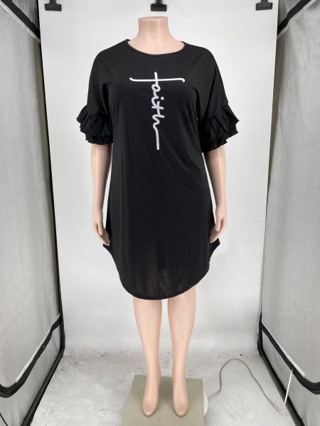 Round neck printed large ruffle sleeve 5XL dress