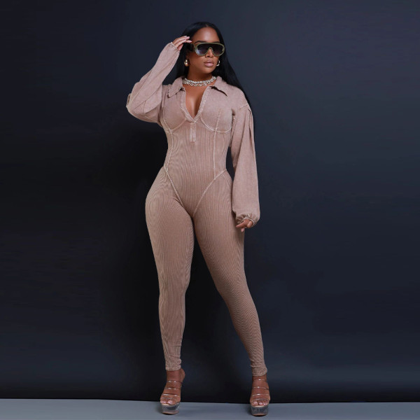 Women's V-neck sheep leg sleeve tight patchwork jumpsuit