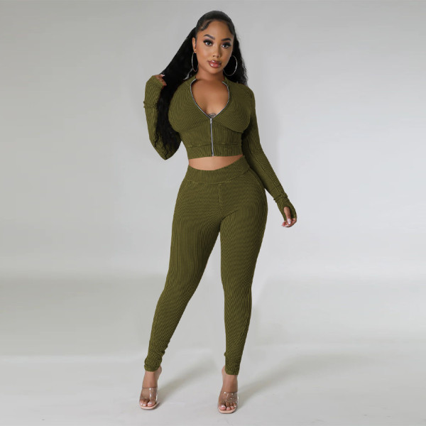 Women's Zipper Top Line Splicing Slim Fit Two Piece Set