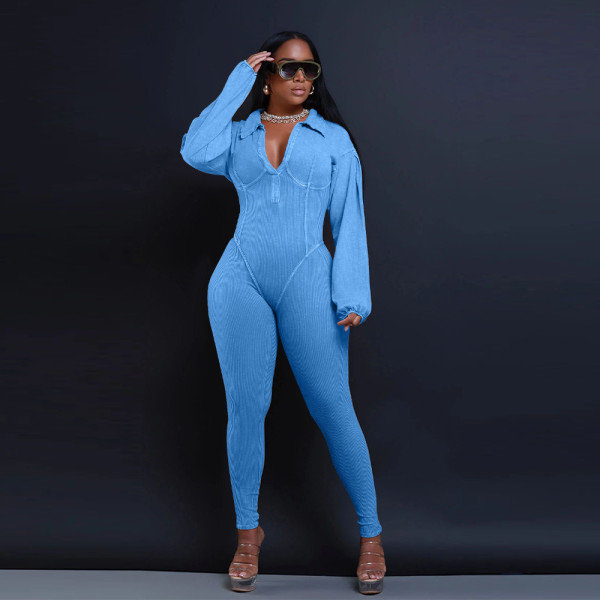Women's V-neck sheep leg sleeve tight patchwork jumpsuit
