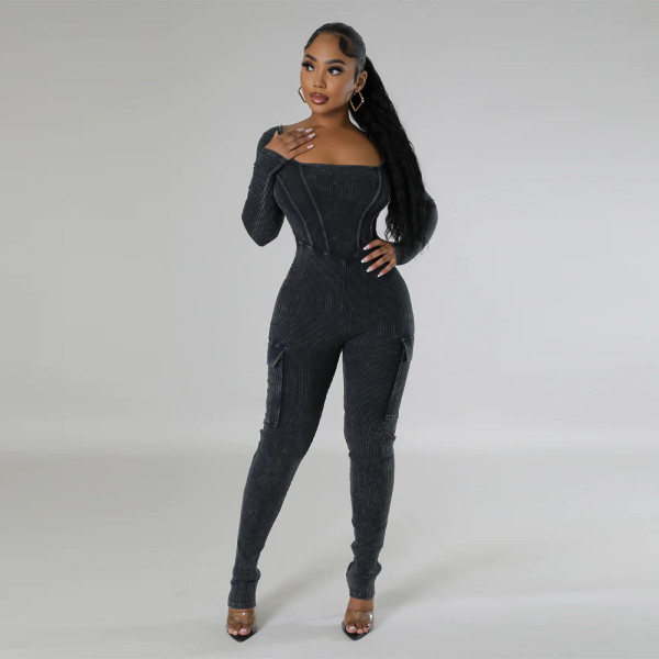 Sexy open back pocket tight jumpsuit