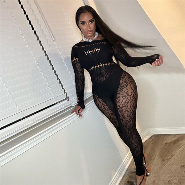 Hollow knit jacquard high waisted tight long sleeved jumpsuit