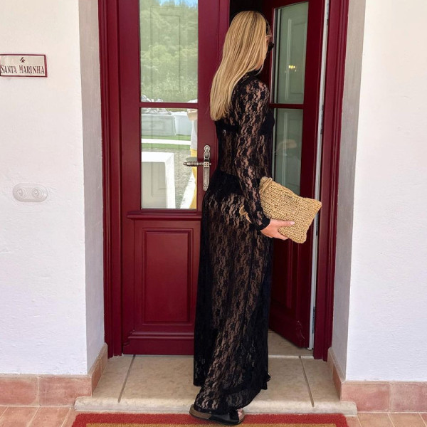Fashionable Perspective Mesh Skirt Sexy Hollow Lace Dress