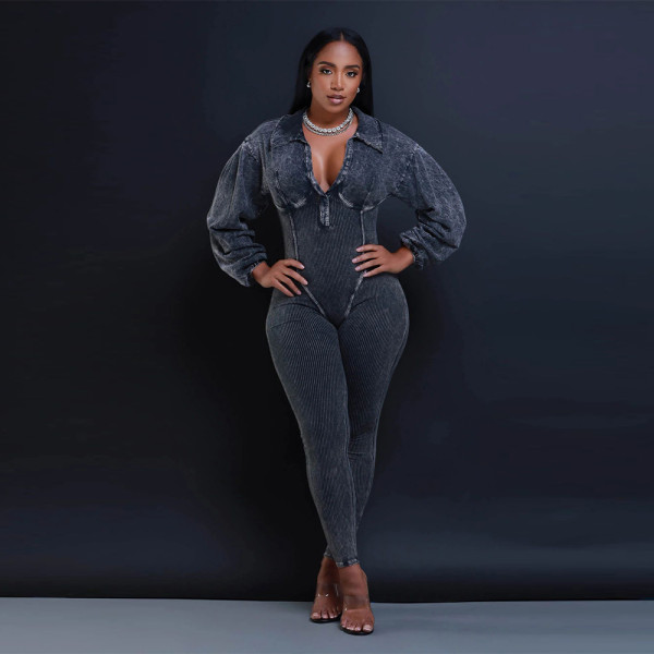 Women's V-neck sheep leg sleeve tight patchwork jumpsuit