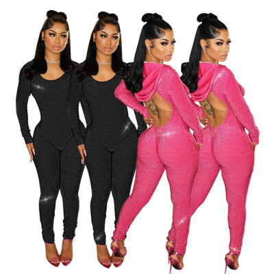 Deep V-back hooded slim fitting nightclub style hollow out sexy jumpsuit