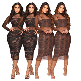 Sling Half Skirt Perspective Mesh Printed Long Dress Sexy Three Piece Set
