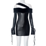 Women's fashion fur edge bra patchwork PU leather buttocks dress