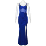 Dress Strap Open Back Sexy Spliced Pleated Slim Dress