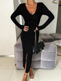 V-neck long sleeved pit stripe long dress
