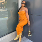 Chest wrap open back drawstring mid length dress