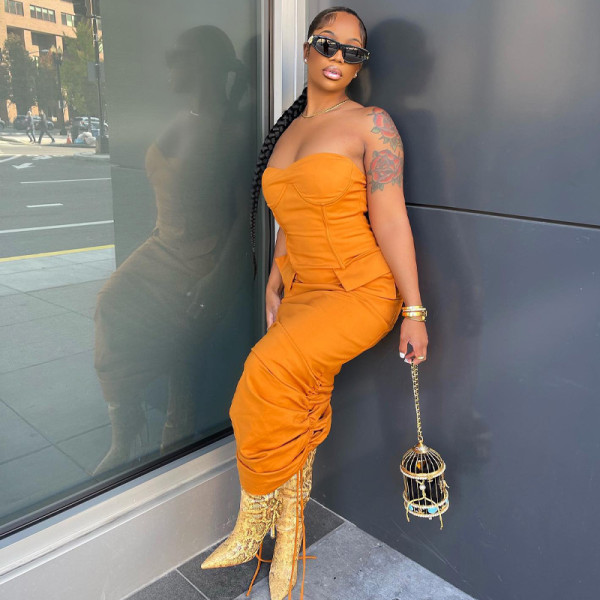 Chest wrap open back drawstring mid length dress