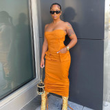 Chest wrap open back drawstring mid length dress