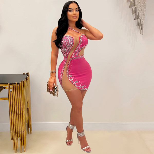 Women's solid color mesh hot diamond sleeveless short skirt dress