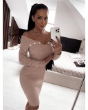 Women's buttoned waist long sleeved knitted buttocks up dress