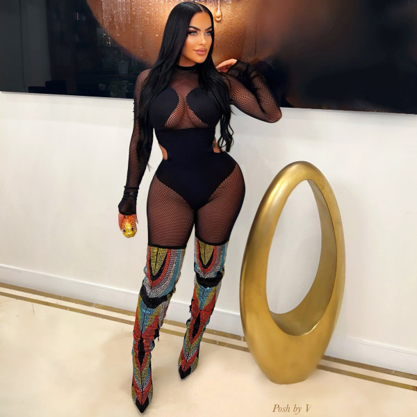 Perspective Mesh Spliced Hollow Out Sexy Nightclub Jumpsuit