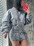 Tie up jacket cardigan+half length short skirt two-piece set
