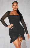 Square neck mesh patchwork ruffle sexy mini dress