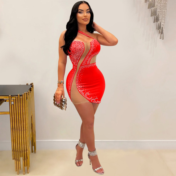 Women's solid color mesh hot diamond sleeveless short skirt dress