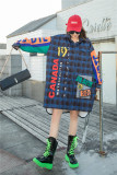 Loose letter printed patchwork plaid shirt