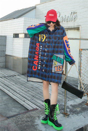 Loose letter printed patchwork plaid shirt