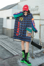 Loose letter printed patchwork plaid shirt Loose letter printed patchwork plaid shirt