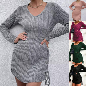 Women's U-neck elegant long sleeved dress