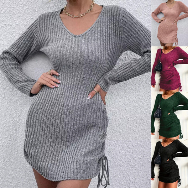 Women's U-neck elegant long sleeved dress