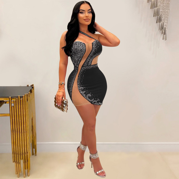 Women's solid color mesh hot diamond sleeveless short skirt dress