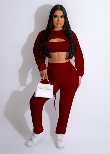 Solid Color Super Bullet Pit Stripe Long Sleeve Tank Top Long Pants Set Three Piece Set