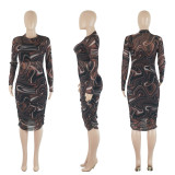 Sling Half Skirt Perspective Mesh Printed Long Dress Sexy Three Piece Set