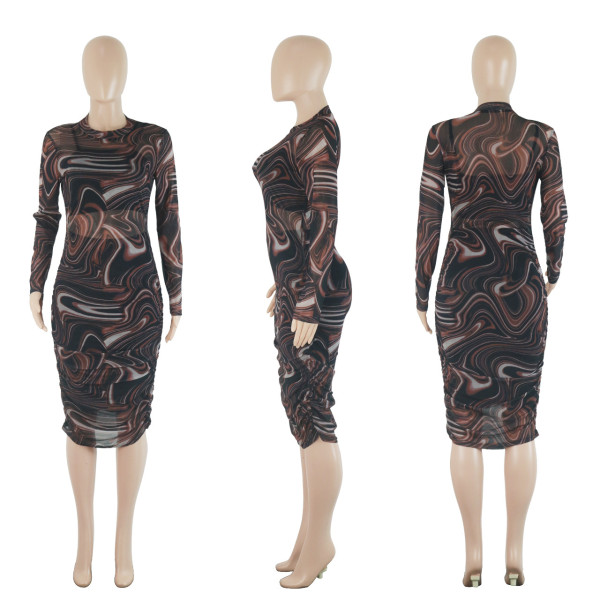 Sling Half Skirt Perspective Mesh Printed Long Dress Sexy Three Piece Set