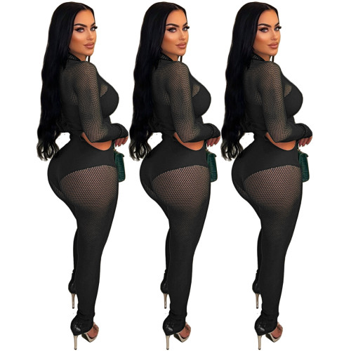 Perspective Mesh Spliced Hollow Out Sexy Nightclub Jumpsuit
