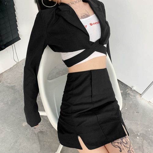 Lapel single breasted waistband short slim jacket