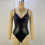 Sexy suspender waistband for slimming PU patchwork women's jumpsuit vest