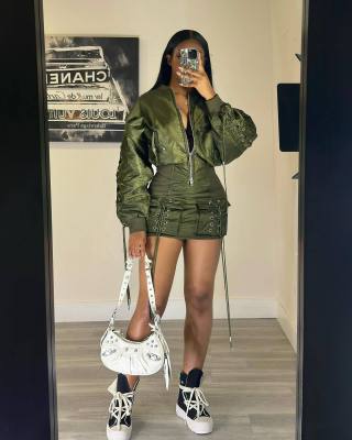 Tie up jacket cardigan+half length short skirt two-piece set