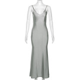 V-neck low cut suspender with open back solid color temperament slim fitting dress
