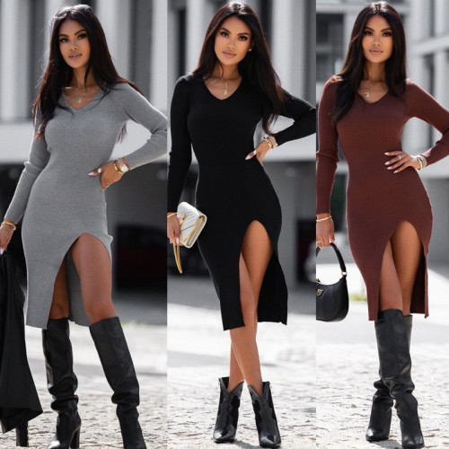 Women's V-neck solid color long sleeved slit casual mid length slim fitting dress