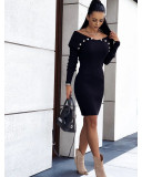 Women's buttoned waist long sleeved knitted buttocks up dress