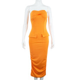 Chest wrap open back drawstring mid length dress