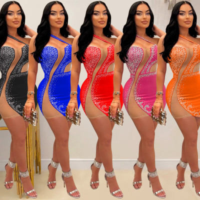 Women's solid color mesh hot diamond sleeveless short skirt dress