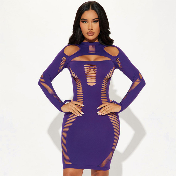 Burnt Flower Long Sleeve Hollow Short Skirt Dress