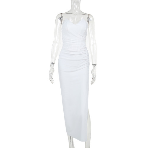 Sharp pointed chest cut dress with waistband and buttocks wrapped long dress for women