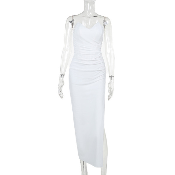 Sharp pointed chest cut dress with waistband and buttocks wrapped long dress for women